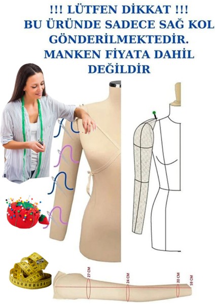 Sünger Komple Iğne Batabilen Seyyar Sağ Taraf 36/38/40 Beden Uyumlu Prova Mankeni Kolu fiyatları