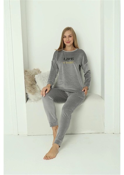 Kadın Kadife Gri Pijama Takım