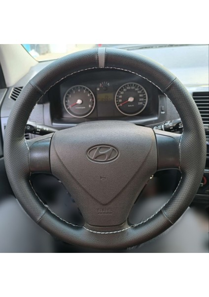 Dikişli Direksiyon Kılıfı Siyah Deri Noktalı Deri Gri Yüzük / Dikişli Hyundai Accent Era Getz Için