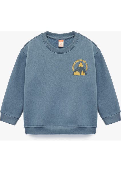 Baskı Detaylı Bisiklet Yaka Uzun Kollu Sweatshirt