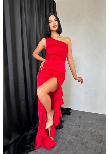 Kırmızı Volanlı Saten Abiye fiyatları