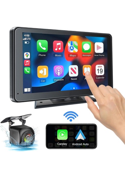 Teknomie Kare Taşınabilir Carplay & Android Auto Dokunmatik Ekran – 4K Ön + 1080P Arka Kamera, Gps, Sesli Komut, Fm/aux, Tüm Araçlarla Uyumlu