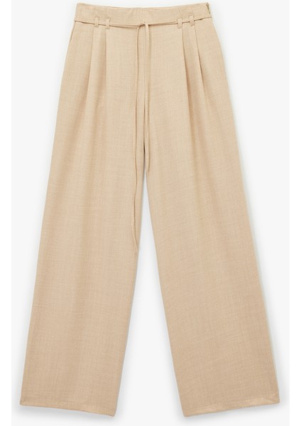 Beli Bağcıklı Pileli Düz Geniş Paça Palazzo Pantolon