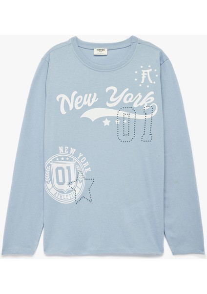 Bisiklet Yaka Pamuklu Baskılı Uzun Kollu Tişört