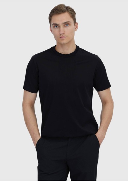 Siyah Jakarlı Bisiklet Yaka %100 Pamuk T-Shirt