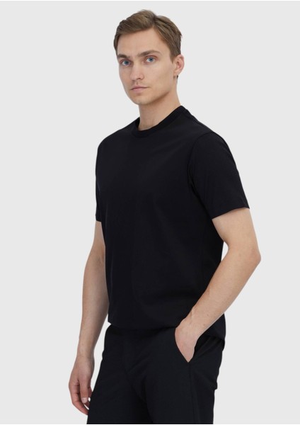 Siyah Jakarlı Bisiklet Yaka %100 Pamuk T-Shirt fırsatları