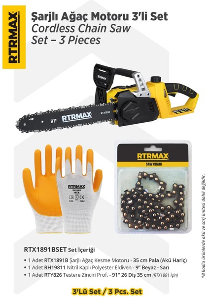 RTX1891BSET Şarjlı Ağaç Kesme Motoru 3'lü Set -Eldiven-Testere Zinciri
