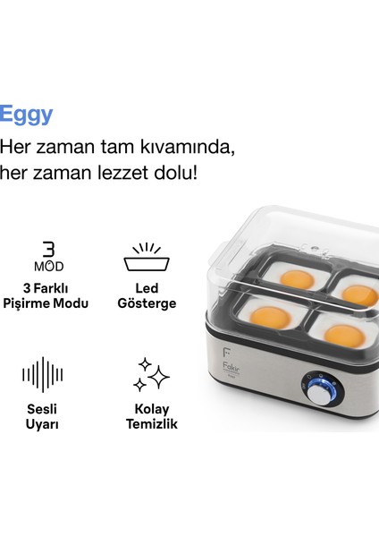Eggy Master Yumurta Pişirici - 8 Yumurta Kapasitesi, 500 W Güç, Paslanmaz Çelik Gövde, Sert ve Yumuşak Pişirme Seçenekleri fiyatları