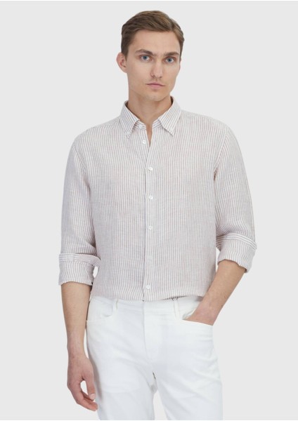Kiremit Çizgili Casual Fit Dokuma Casual %100 Keten Gömlek