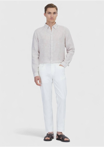 Kiremit Çizgili Casual Fit Dokuma Casual %100 Keten Gömlek fiyatları