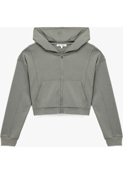 Rahat Kalıp Kanguru Cepli Fermuarlı Yıkamalı Kapüşonlu Crop Sweatshirt