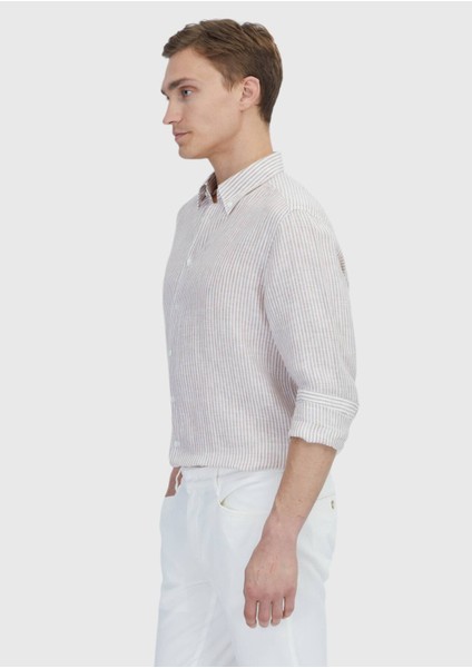 Kiremit Çizgili Casual Fit Dokuma Casual %100 Keten Gömlek modelleri