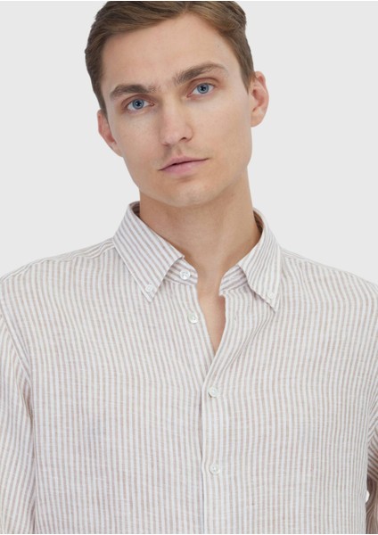 Kiremit Çizgili Casual Fit Dokuma Casual %100 Keten Gömlek fırsatları