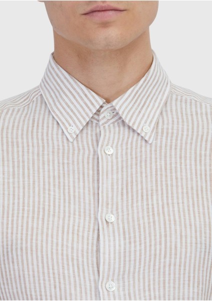 Kiremit Çizgili Casual Fit Dokuma Casual %100 Keten Gömlek indirimleri