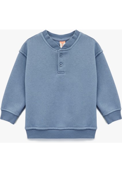 Düğme Detaylı Uzun Kollu Bisiklet Yaka Basic Sweatshirt