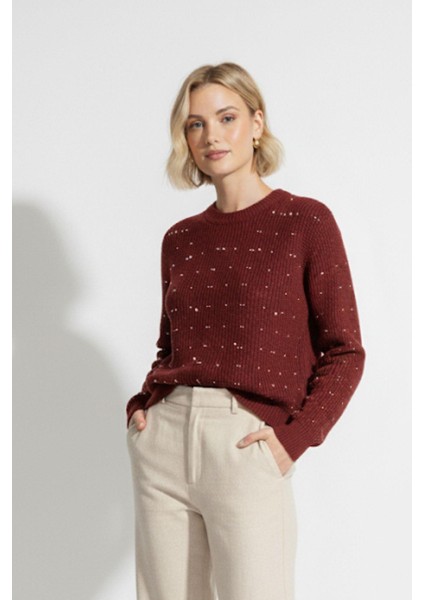 Bordo Kadın Taş İşleme Detaylı Bisiklet Yaka Triko Kazak 7045