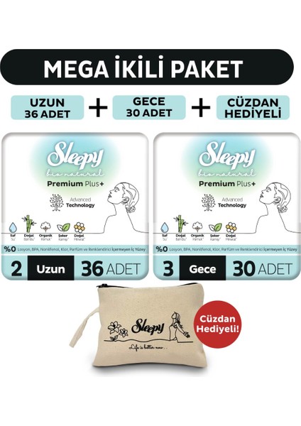 Bio Natural Premium Plus Hijyenik Ped Mega Paket Uzun 36 Adet+Gece 30 Adet+Cüzdan Hediyeli