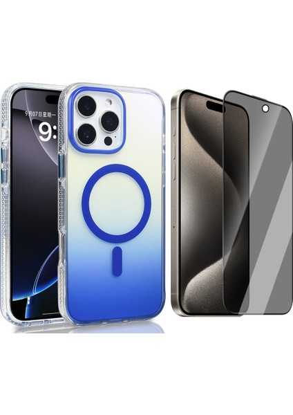 iPhone 16 Pro Max Kılıf M-safe Şarj Özellikli Transparan Renk Geçişli Zore Toros Kapak + Hayalet Ekran Koruyucu