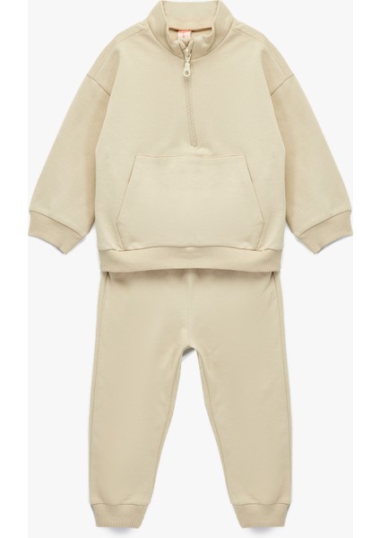 Dik Yaka Fermuar Detaylı Uzun Kollu Pamuklu Basic Eşofman Takımı