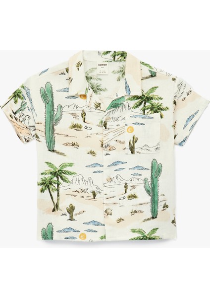 Baskılı Keten ve Viskon Karışımlı Cep Detaylı Kısa Kollu Gömlek