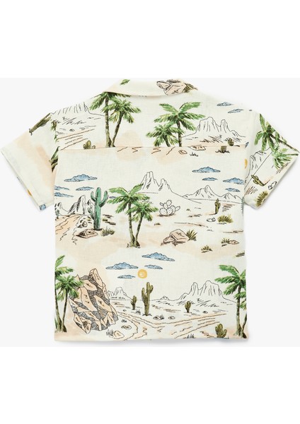 Baskılı Keten ve Viskon Karışımlı Cep Detaylı Kısa Kollu Gömlek fiyatları