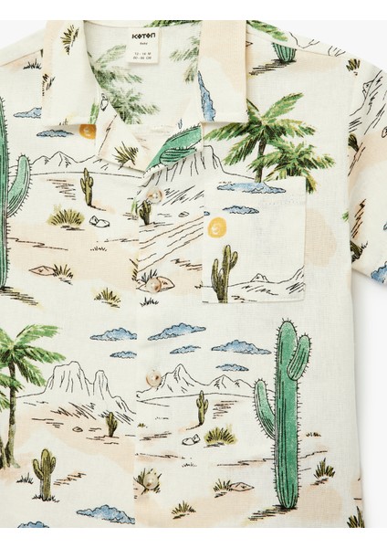 Baskılı Keten ve Viskon Karışımlı Cep Detaylı Kısa Kollu Gömlek modelleri