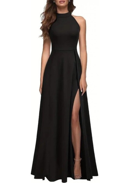 Kadın Halter Yaka Derin Yırtmaç Detaylı Tam Boy Ithal Krep Abiye Elbise fırsatları