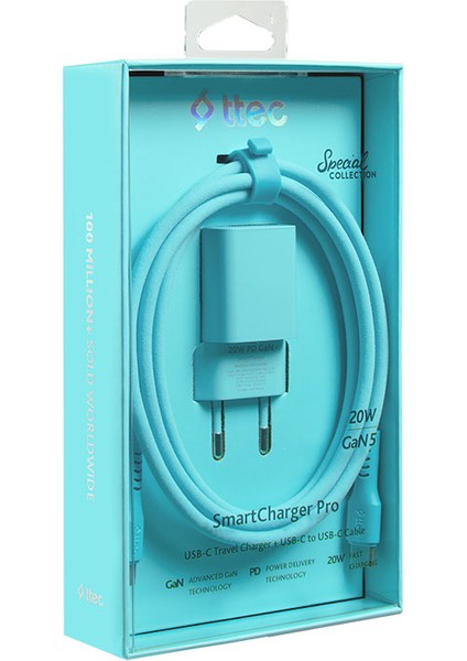 Smartcharger Gan 20W Pd Seyahat Hızlı Şarj Aleti + Usb-C - Usb-C 3A Kablo Neon Mavi 2SCG20CN