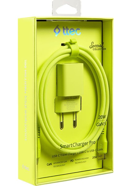 Smartcharger Gan 20W Pd Seyahat Hızlı Şarj Aleti + Usb-C - Usb-C 3A Kablo Neon Sarı 2SCG20CN