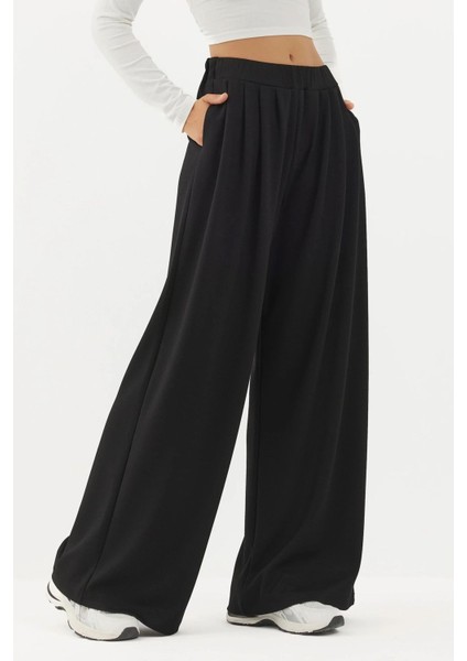 Kadın Modal Touch Pile Detaylı Geniş Paça Pantolon Black