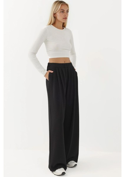 Kadın Modal Touch Pile Detaylı Geniş Paça Pantolon Black indirimleri