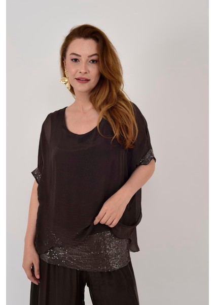 Italyan Yarasa Kollu Payetli Ipek Bluz