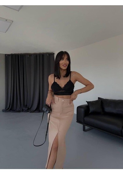 Gabardin Uzun Önden Yırtmaçlı Etek - Kahverengi fiyatları