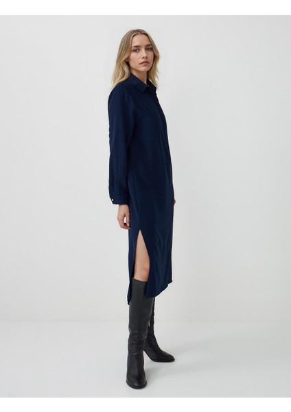 Lacivert Rahat Kesim Gömlek Yaka Uzun Kollu Midi Elbise
