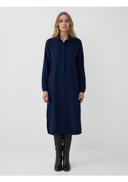 Lacivert Rahat Kesim Gömlek Yaka Uzun Kollu Midi Elbise fiyatları