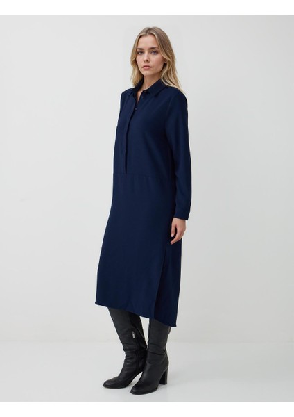 Lacivert Rahat Kesim Gömlek Yaka Uzun Kollu Midi Elbise modelleri