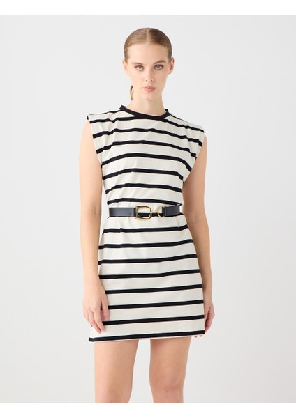 Ekru Bisiklet Yaka Kolsuz Çizgili Örme Mini Elbise