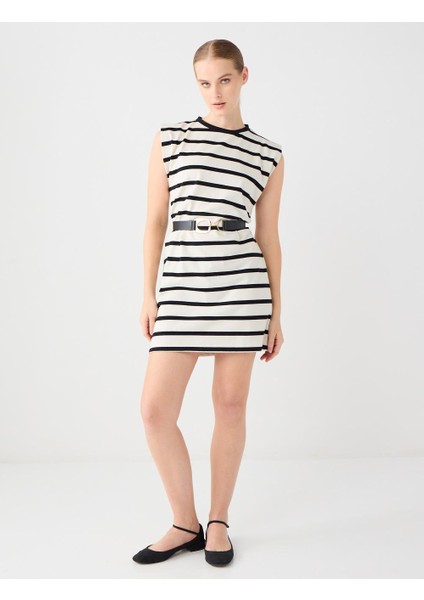 Ekru Bisiklet Yaka Kolsuz Çizgili Örme Mini Elbise fiyatları