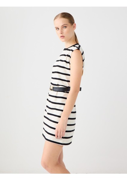 Ekru Bisiklet Yaka Kolsuz Çizgili Örme Mini Elbise fırsatları