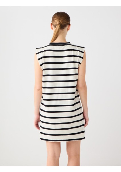Ekru Bisiklet Yaka Kolsuz Çizgili Örme Mini Elbise indirimleri