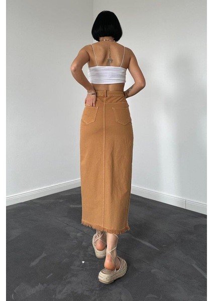 Camel Gabardin Boyamalı Püsküllü Etek fırsatları