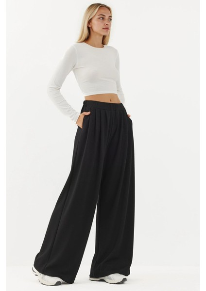 Kadın Modal Touch Pile Detaylı Geniş Paça Pantolon Black