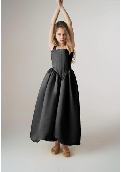 Kız Çocuk Abiye Kare Yaka Balon Etekli Uzun Elbise