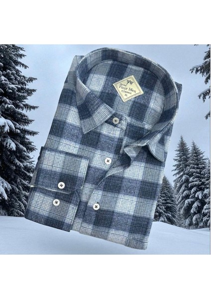 Klasik %100 Cotton Uzun Kollu Terletmeyen Kışlık Flanel Kumaş Buz Mavisi Gömlek (Regular Kalıp)