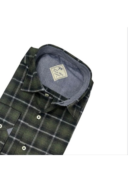 Klasik %100 Cotton Uzun Kollu Terletmeyen Kışlık Flanel Kumaş Pamuklu Koyu Haki Gömlek (Regular Kalıp)