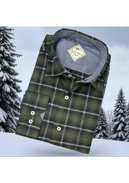 Klasik %100 Cotton Uzun Kollu Terletmeyen Kışlık Flanel Kumaş Pamuklu Koyu Haki Gömlek (Regular Kalıp) fiyatları