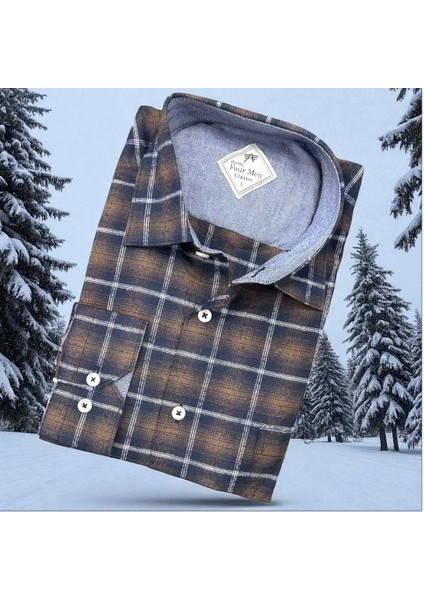 Klasik %100 Cotton Uzun Kollu Terletmeyen Kışlık Flanel Kumaş Kahverengi Gömlek (Regular Kalıp)
