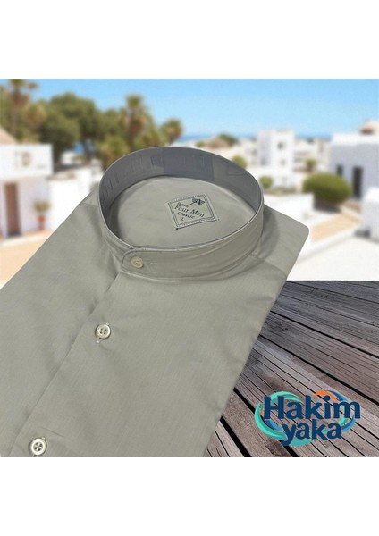 Linen Keten Klasik %100 Cotton Uzun Kollu Terletmeyen Hakim Yaka Gri Gömlek (Regular Kalıp)