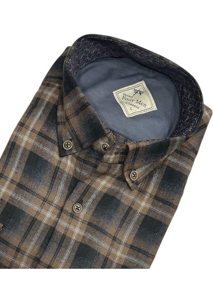 Klasik %100 Cotton Uzun Kollu Terletmeyen Kışlık Flanel Kumaş Cappucino Gömlek (Regular Kalıp)