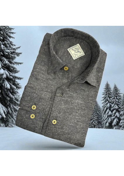 Klasik %100 Cotton Uzun Kollu Terletmeyen Kışlık Flanel Kumaş Koyu Gri Gömlek (Regular Kalıp) fiyatları